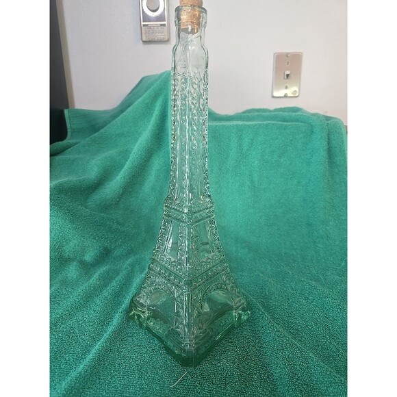 Vintage Eiffel Tower Clear Green Glass Liquor Bottle Decanter 14" - Picture 1 of 8